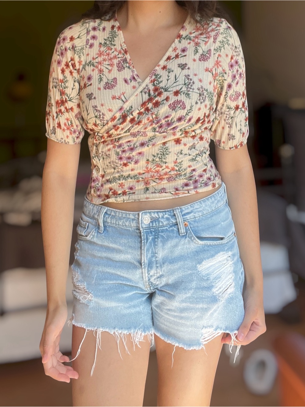 Floral Wrap Ribbed Crop Top - Cream/Pink